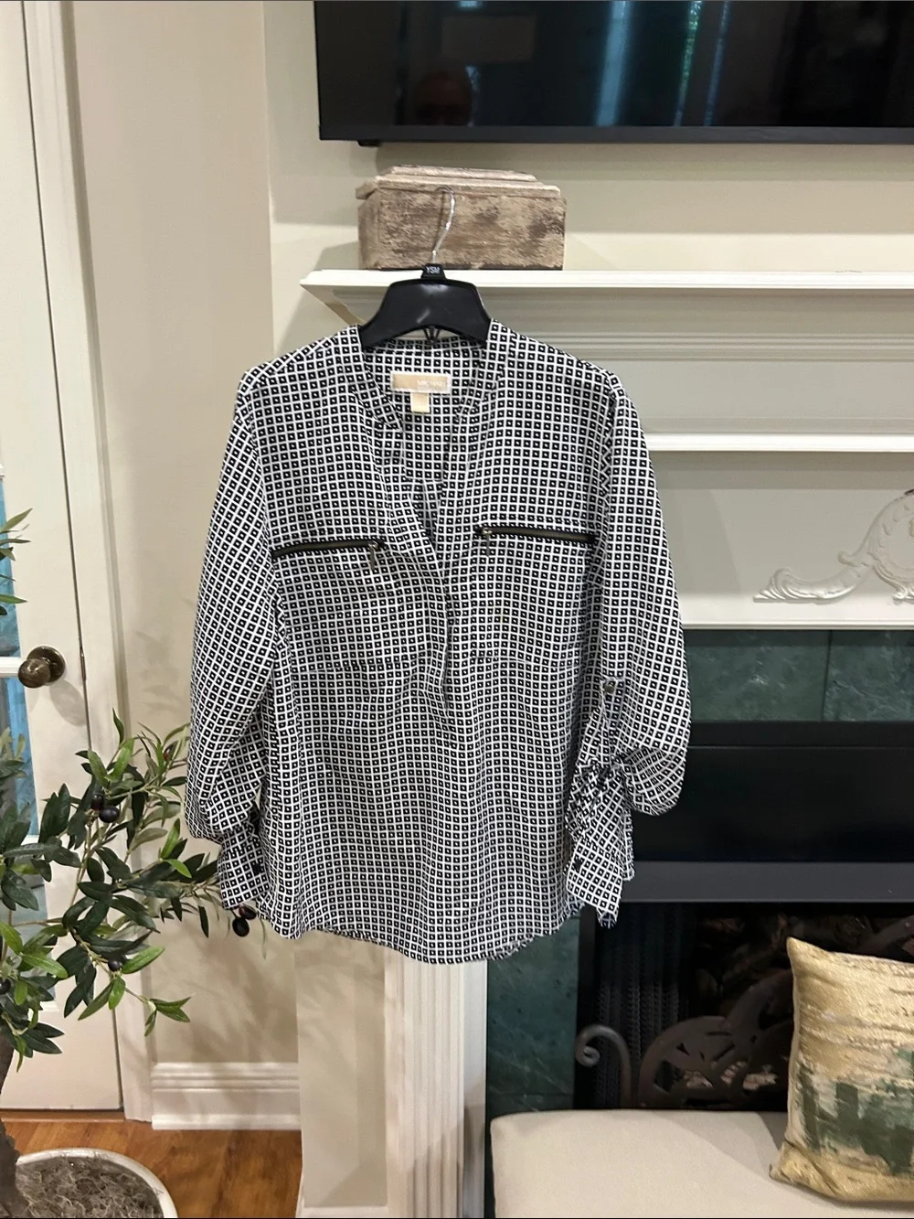 Michael Kors Black and White Grid Print Button-Front Shirt